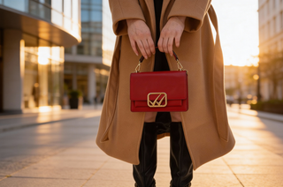 Donna con cappotto lungo e stivali neri al ginocchio porta una borsa rettangolare boeadeax tra le mani