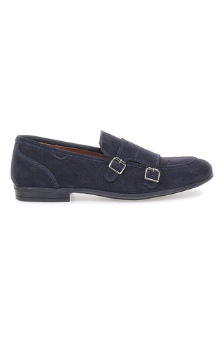 Mocassini da uomo blu scuro con doppia fibbia in pelle calzata ampia Ptr 4077