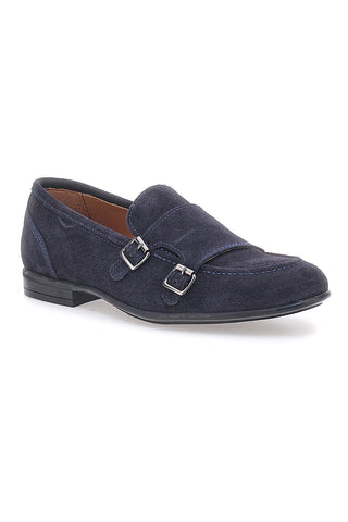 Mocassini da uomo blu scuro con doppia fibbia in pelle calzata ampia Ptr 4077
