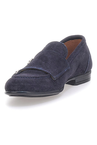 Mocassini da uomo blu scuro con doppia fibbia in pelle calzata ampia Ptr 4077