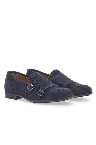 Mocassini da uomo blu scuro con doppia fibbia in pelle calzata ampia Ptr 4077