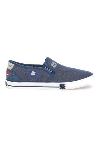 Blaue Slipper mit Obermaterial aus ROUTE 66-Stoff