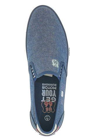 Blaue Slipper mit Obermaterial aus ROUTE 66-Stoff