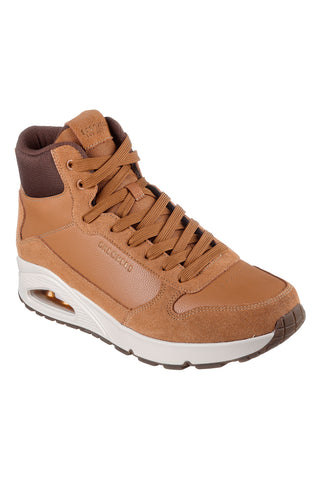 Skechers Uno Stacre Mid – Hellbraune Mid-Top-Sneaker aus Wildleder und Duraleder