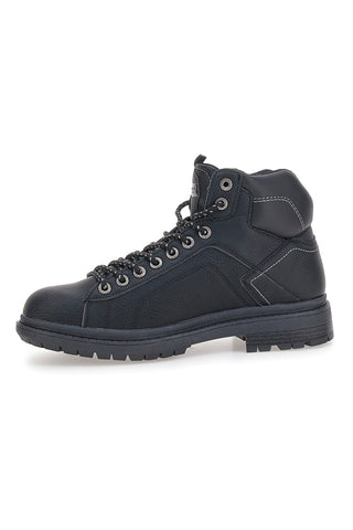 Schwarze, hochgeschnittene Schnürschuhe mit gepolstertem Schaftrand und Baumwollgürtel von STANFORD LTH