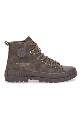 Braune High-Top-Sneaker im Vintage-Stil mit verstärkter Sohle. Baumwollgürtel. DRE NBK.
