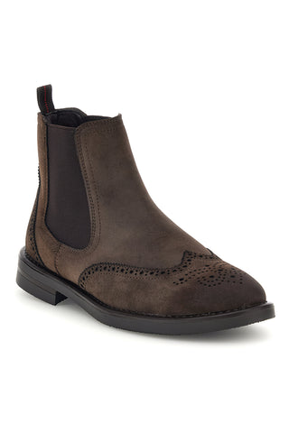 Braune Chelsea-Stiefeletten in Wildlederoptik mit Brogue-Verzierungen von Johes Land 1681662
