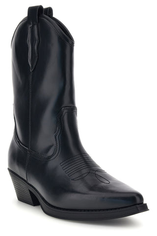 Schwarze Cowboystiefel mit spitz zulaufender Zehenpartie und Ziernähten von Johes Land, Modell BSK30003B