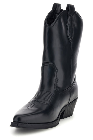 Schwarze Cowboystiefel mit spitz zulaufender Zehenpartie und Ziernähten von Johes Land, Modell BSK30003B