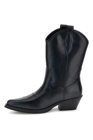 Schwarze Cowboystiefel mit spitz zulaufender Zehenpartie und Ziernähten von Johes Land, Modell BSK30003B