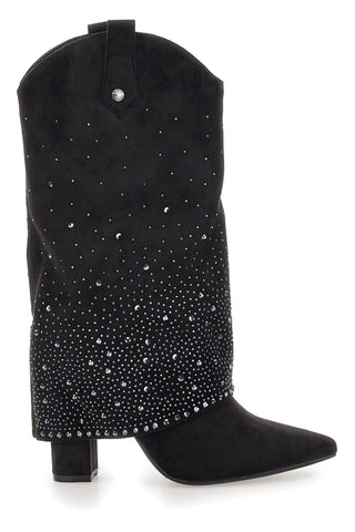 The First P606 Schwarze High Heel Texan Boots mit Strasssteinen