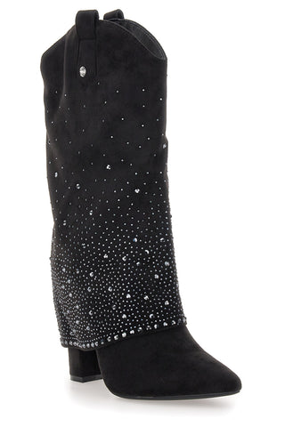 Stivali texani neri con tacco alto e strass The First P606