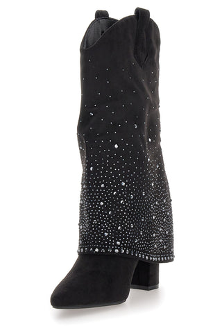 Stivali texani neri con tacco alto e strass The First P606