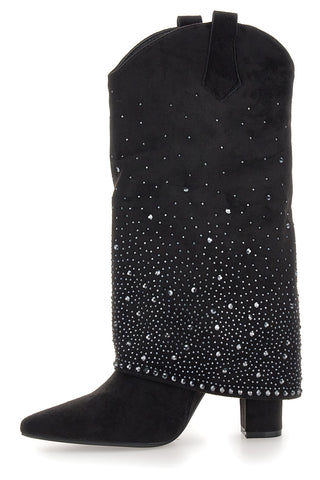Stivali texani neri con tacco alto e strass The First P606