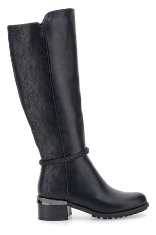Gianmarco Venturi SV0184 schwarze Stiefel mit Logo und verziertem Absatz