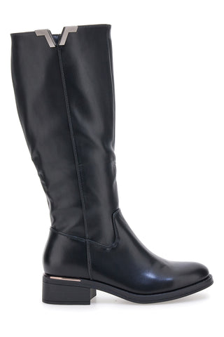 Schwarze Stiefel mit metallischen Einsätzen und niedrigem Absatz Energy I256