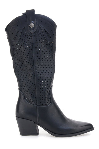 Schwarze Texanische Stiefel mit perforiertem Schaft und breitem Absatz Cafè Cost 6Y220020