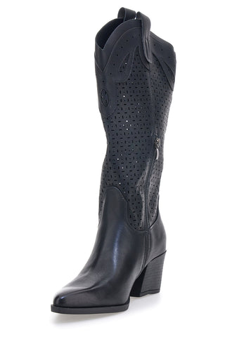 Schwarze Texanische Stiefel mit perforiertem Schaft und breitem Absatz Cafè Cost 6Y220020