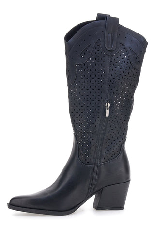 Schwarze Texanische Stiefel mit perforiertem Schaft und breitem Absatz Cafè Cost 6Y220020