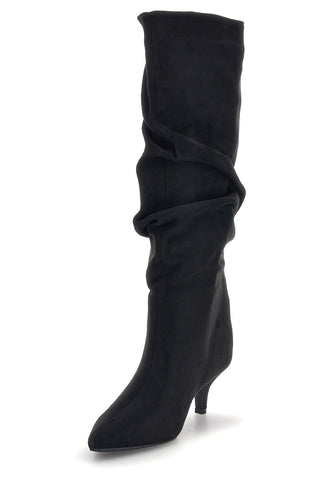 Stivali neri in effetto suede con gambale drappeggiato e tacco basso The first P779