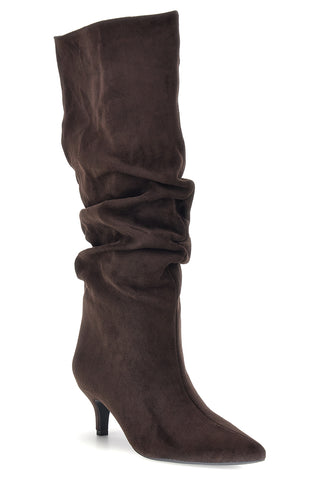 Stivali marroni in effetto suede con gambale drappeggiato e tacco basso The first P779