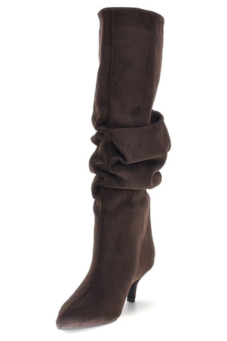 Stivali marroni in effetto suede con gambale drappeggiato e tacco basso The first P779