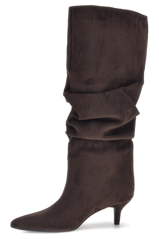 Stivali marroni in effetto suede con gambale drappeggiato e tacco basso The first P779