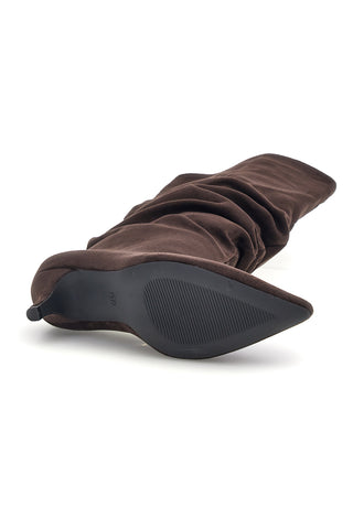 Stivali marroni in effetto suede con gambale drappeggiato e tacco basso The first P779
