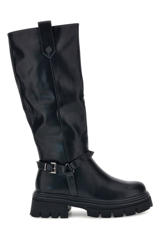 Schwarze Stiefel mit Nietenriemen und Profilsohle von Rock’ n doll H83201