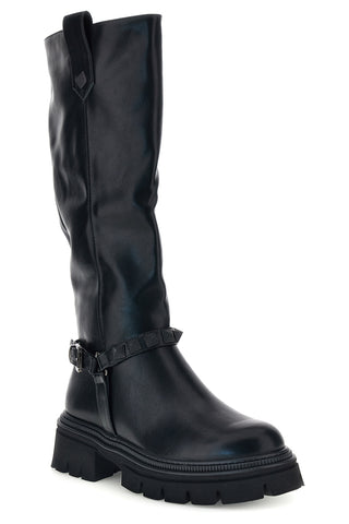 Schwarze Stiefel mit Nietenriemen und Profilsohle von Rock’ n doll H83201
