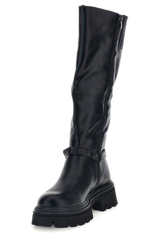 Schwarze Stiefel mit Nietenriemen und Profilsohle von Rock’ n doll H83201
