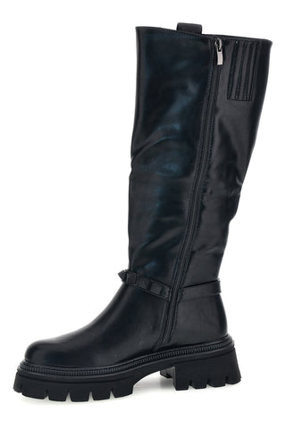 Schwarze Stiefel mit Nietenriemen und Profilsohle von Rock’ n doll H83201