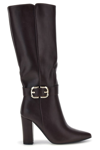 Braune Stiefel mit spitzer Zehenpartie, goldener Schnalle und breitem Absatz – Le Havre Paris RQA90