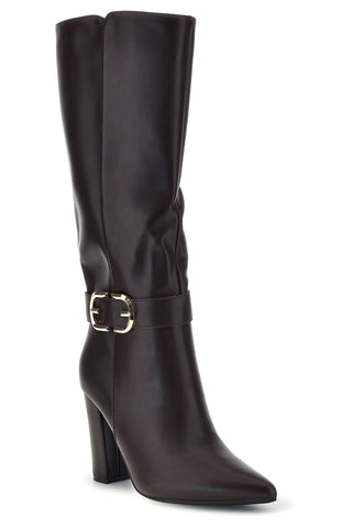 Braune Stiefel mit spitzer Zehenpartie, goldener Schnalle und breitem Absatz – Le Havre Paris RQA90