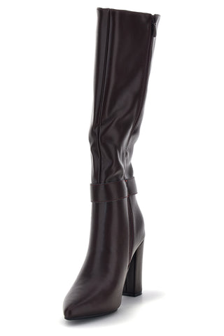 Braune Stiefel mit spitzer Zehenpartie, goldener Schnalle und breitem Absatz – Le Havre Paris RQA90