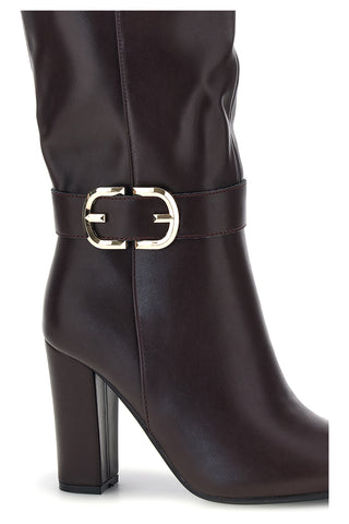 Braune Stiefel mit spitzer Zehenpartie, goldener Schnalle und breitem Absatz – Le Havre Paris RQA90