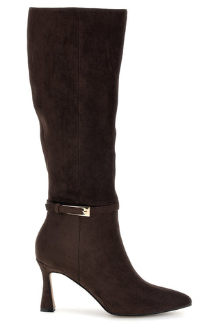 Brauner Stiefel aus Alcantara mit Knöchelriemen und ausgestellter Ferse – Le Havre Paris 6051