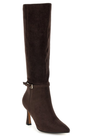 Brauner Stiefel aus Alcantara mit Knöchelriemen und ausgestellter Ferse – Le Havre Paris 6051