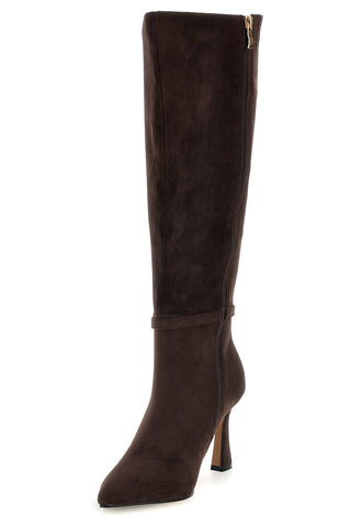 Brauner Stiefel aus Alcantara mit Knöchelriemen und ausgestellter Ferse – Le Havre Paris 6051