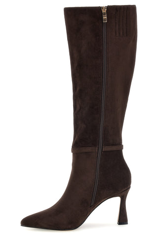 Brauner Stiefel aus Alcantara mit Knöchelriemen und ausgestellter Ferse – Le Havre Paris 6051