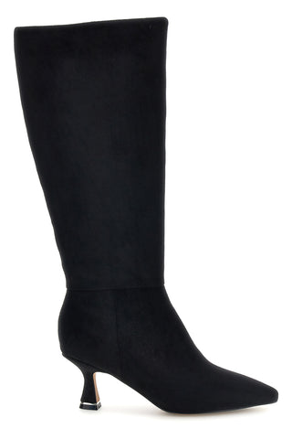 Schwarzer Stiefel aus Alcantara mit skulpturalem Absatz „Le Havre Paris 809“