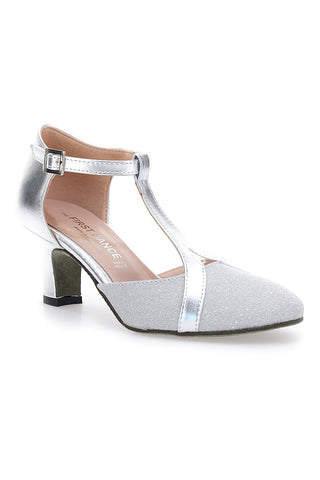 Scarpe da ballo argento con cinturino a T e suola in vera pelle The First Dance 6554