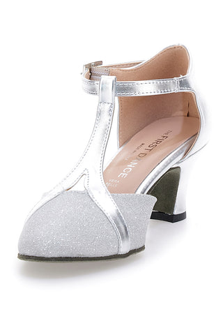 Scarpe da ballo argento con cinturino a T e suola in vera pelle The First Dance 6554