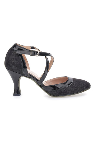 The First Dance 6331 Schwarze Tanzschuhe mit Kreuzriemen und Sohle aus echtem Leder