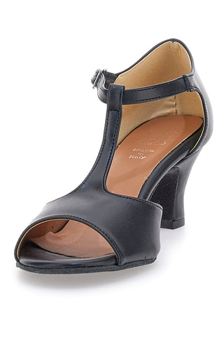 Mon Dieu 117 Schwarze Tanzschuhe mit offener Spitze und T-Riemen und Ledersohle