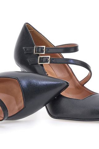 Schwarze Pumps mit Riemen, hergestellt in Italien, Pittarello 173