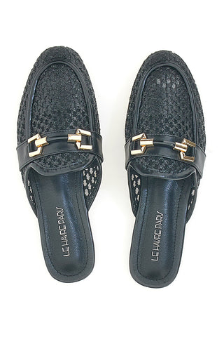 Schwarze Pantoletten mit goldenem Clip Le Havre Paris LLY27