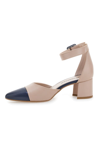 Hautfarbene Pumps mit blauer Spitze und Blockabsatz PICTARELLO 113