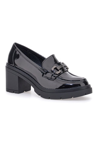 First Lady P633 Schwarze Lack-Loafer mit Absatz und Horsebit