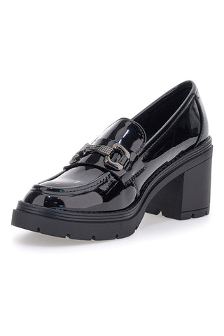 First Lady P633 Schwarze Lack-Loafer mit Absatz und Horsebit